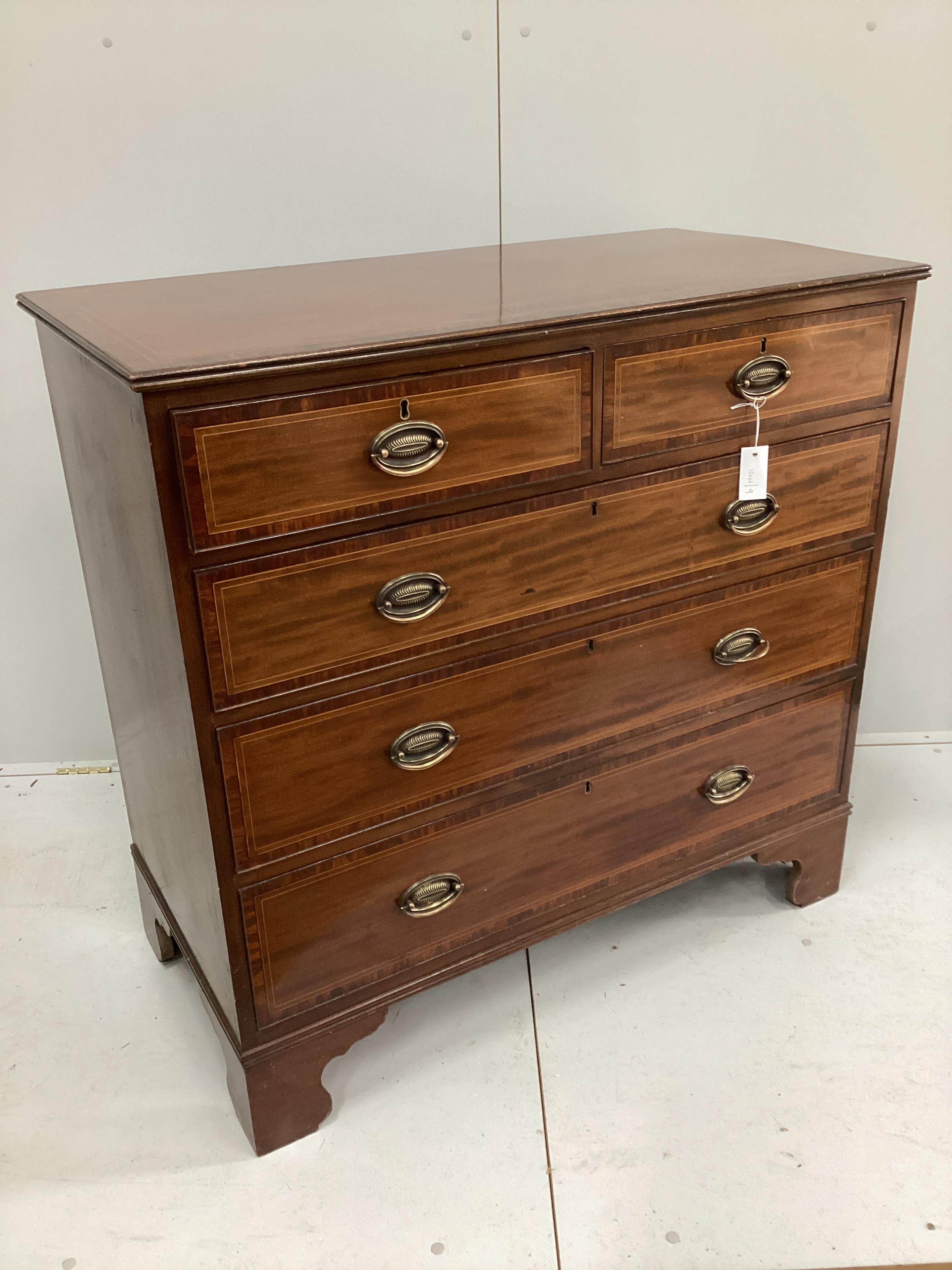 A George III style banded mahogany five drawer chest stamped Edwards and Roberts, width 106cm, depth 54cm, height 102cm